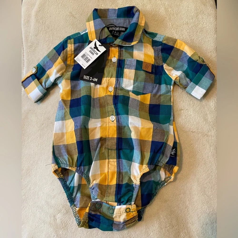 American Hawk Plaid Baby Romper 3-6M